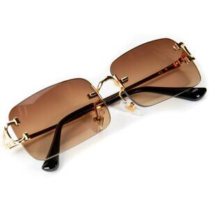 Men Sunglasses Brown Lens Rimless Luxury Retro Shades Gold‎ Metal Lentes Gafas